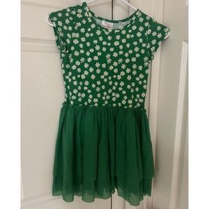 Hanna Andersson Short Sleeves Tulle Dress Green with Daisies Girls Size 8